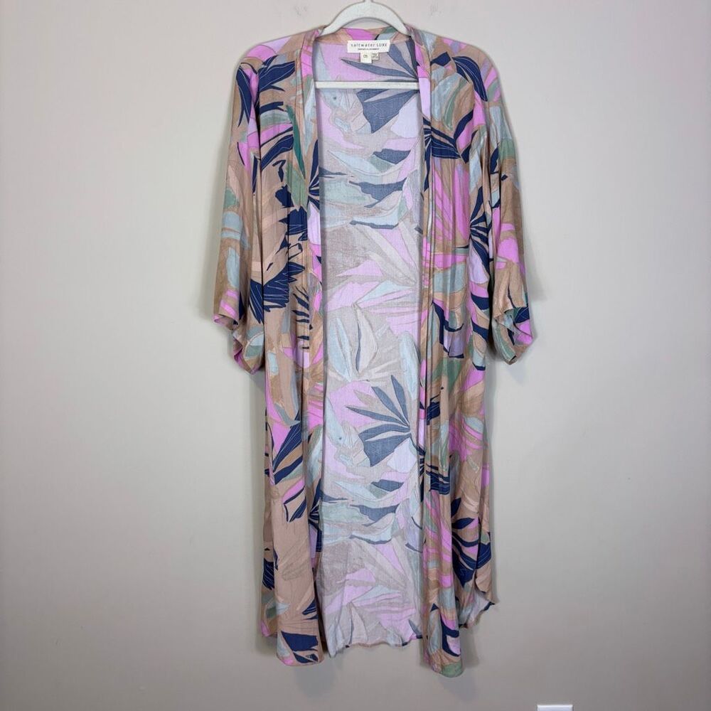 Saltwater Luxe Tan with Purple Leaf Print Long Short Sleeve Cardigan One Size